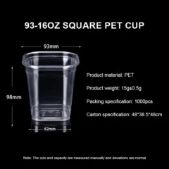 93mm 16oz Square PET cups